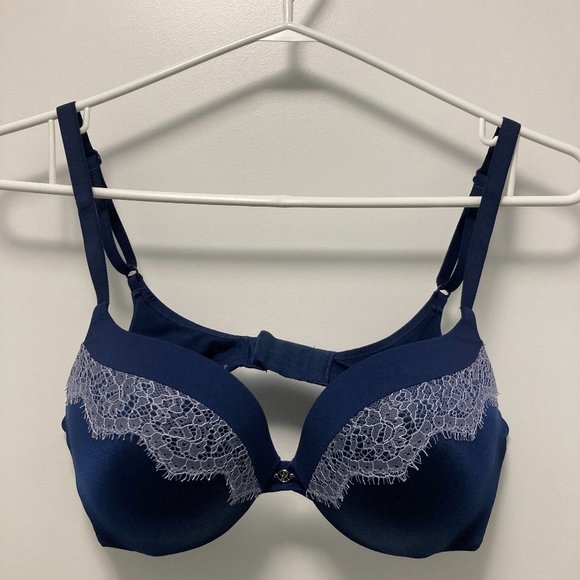 Victoria's Secret Push-Up Women 34C Bra Blue White Lace Accent - Picture 1 of 2